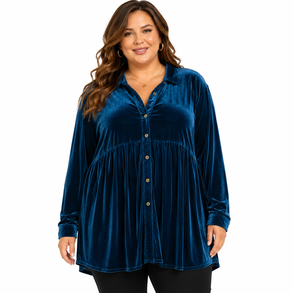 Umgee USA Teal Blue Velvet Tunic Button Up Babydoll Top Long Sleeve sz 1XL